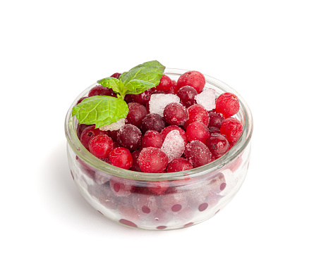 Frozen Lingonberry Isolated, Iced Cowberry Pile, Snow Cranberry in Glass Bowl, Red Viburnum Berries, Frozen Lingonberry on White Background