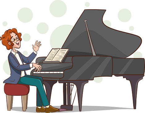 Illustration of a Man Playing the Grand Piano on a White Background