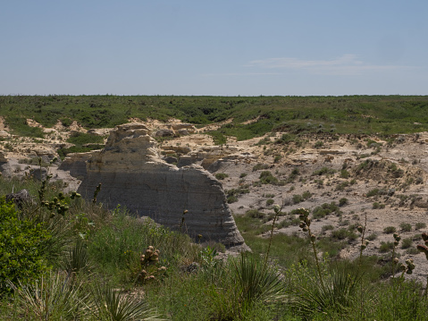 A Niobara Chalk geological formation in Little Jerusalem Badlands State Park in Kansas with yucca in the foreground.