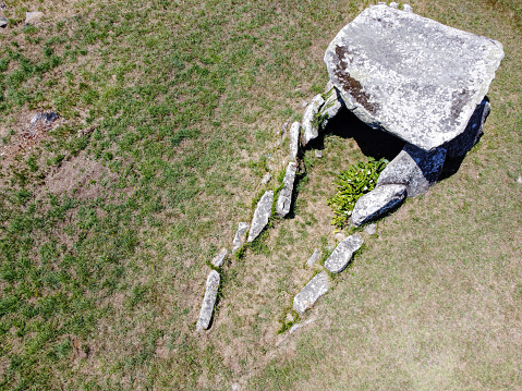Aerial view of a dolmen, a prehistoric tomb. Anta da Barrosa, Praia de Ancora. Northern Portugal.