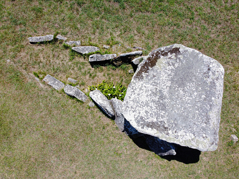Aerial top view of a dolmen, a prehistoric tomb