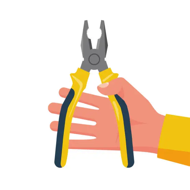 Vector illustration of The worker holds the pliers in hands. Human hands holding pairs of pliers.