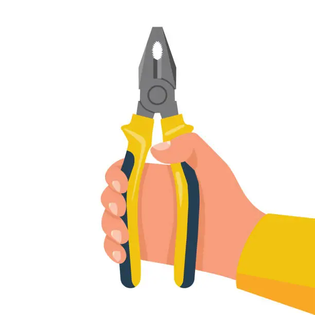 Vector illustration of The worker holds the pliers in hands. Human hands holding pairs of pliers.