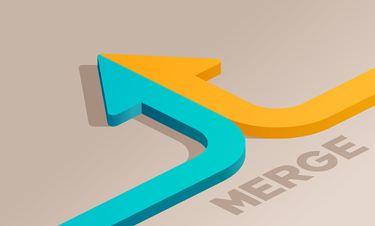Arrows merging combining connecting acquisition 3D isometric design.