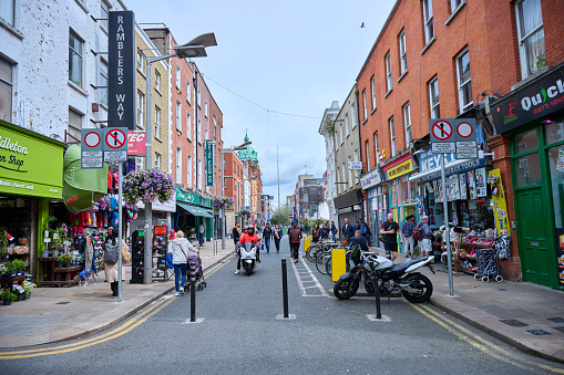One of many pedestrian streets in Dublin with variety of shopping possibilities and café, bar and restaurants. Often the facades are colorful.