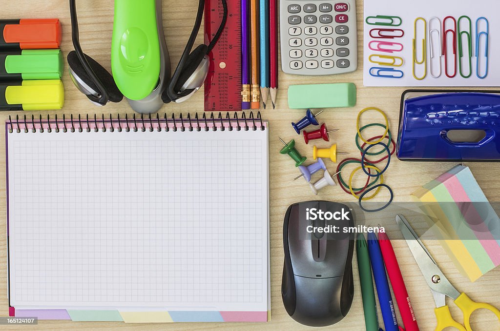 Items on the office desk Stationery on the office desk Art And Craft Stock Photo