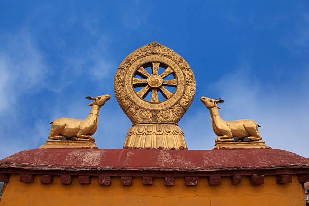 Golden dharma wheel is   under blue sky and white clouds. The photo is taken in jokhang temple.