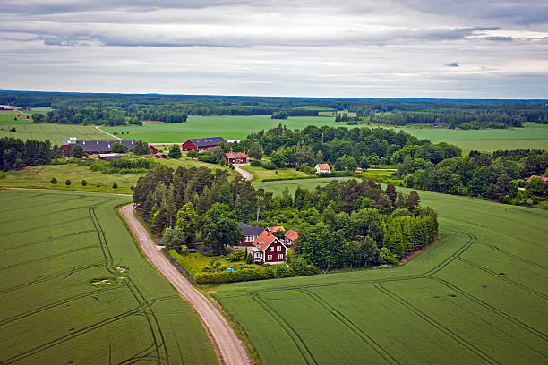 Aerial view of cultivated land south of Stockholm, Sweden.