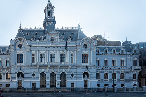 Valparaíso, Chile - 13th November 2022: The Edificio Armada de Chile, aka Edificio de la Comandancia en Jefe de la Armada de Chile, fka Edificio de la Intendencia de Valparaíso, on Plaza Sotomayor. Originally  completed in 1910 in an eclectic/French Renaissance Revival style as a local government building, it has headquartered the Chilean Navy since the military coup in 1973. It was declared a Historic Monument in 1979.