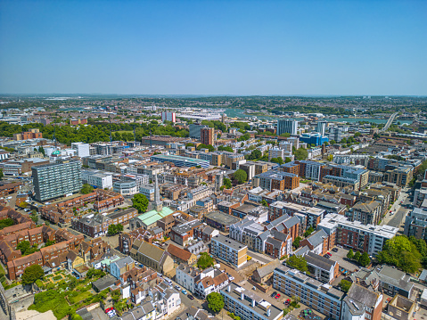 The drone aerial of downtown district of Southampton, England.