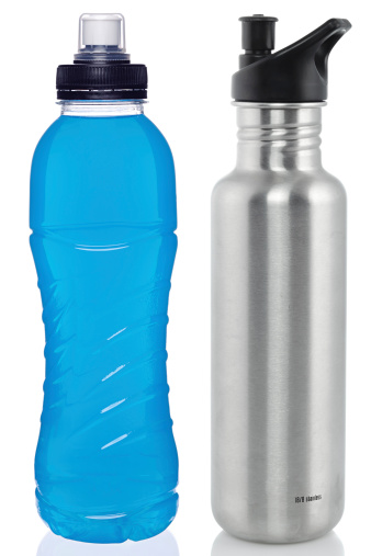 Sports drink and stainless steel bottle. Isolated on white. Two separate 21 Mp. images stitched together.