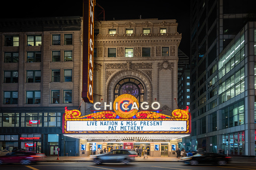 Chicago, USA - October 13, 2018 : Iconic sign on the Chicago Theater in Chicago. The theater opened in 1921 and was renovated in the 1980's. This sign is a famous landmark and emblematic of Chicago