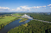suspension bridge over the river (aerial)