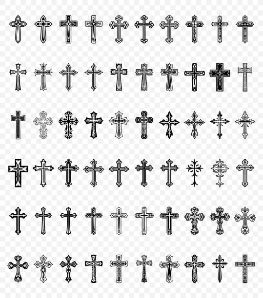 płaskie wektorowe czarno-białe ikony chrześcijańskiego krzyża. linia sylwetki wycięta czarne krzyże chrześcijańskie kolekcja izolowana. - silhouette cross shape ornate cross stock illustrations