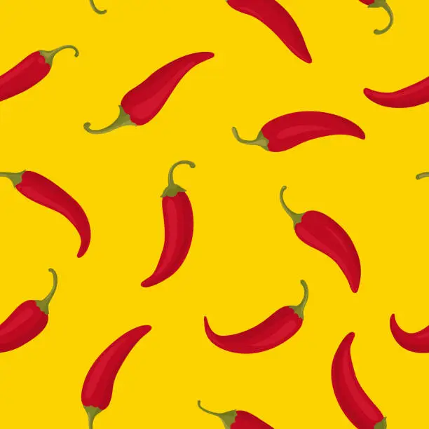 Vector illustration of Vector Seamless Pattern with Red Hot Chili Peppers on Yellow Background. Spicy Chili Hot or Bell Pepper, Design Template for Textile, Apparel, Wallpaper Print