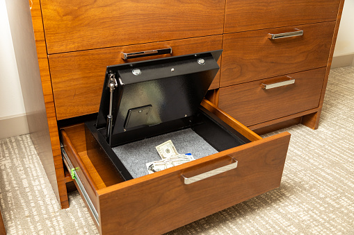 Money and valuables in hotel room safe