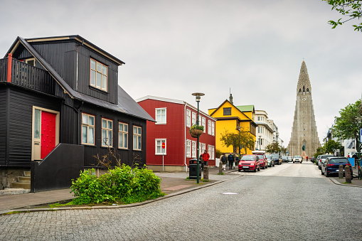 Colorful houses and the landmark Hallgrimskirkja church in downtown Reykjavik, Iceland.