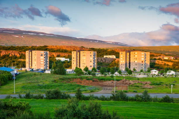 Cityscape of Egilsstadir in eastern Iceland during the midnight sun.