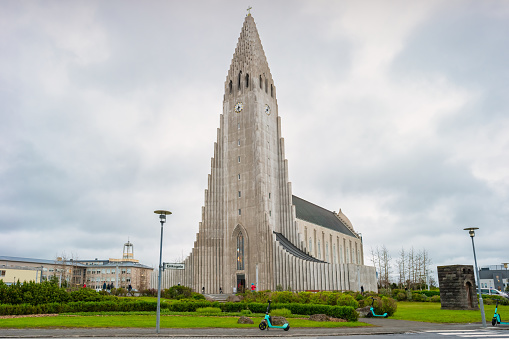 The landmark Hallgrimskirkja Lutheran church in downtown Reykjavik, Iceland.