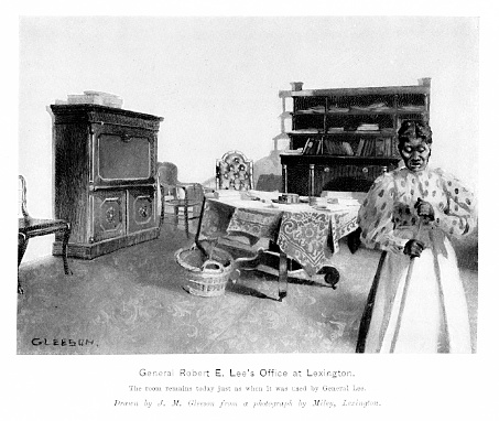 Confederate General Robert E. Lee's office at his home in Virginia. A slave woman is sweeping the floor. Illustration engraving published 1896. Copyright expired; artwork is in Public Domain.