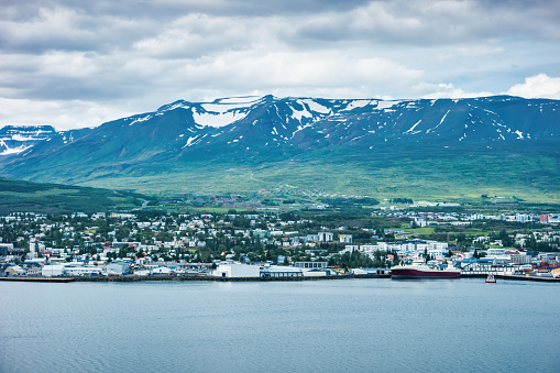 View of the town of Akureyri and surrounding landscape in northern Iceland.
