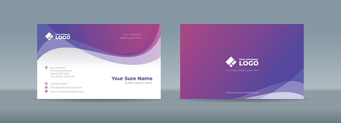 Set of double sided business card templates with abstract curves on purple and white background