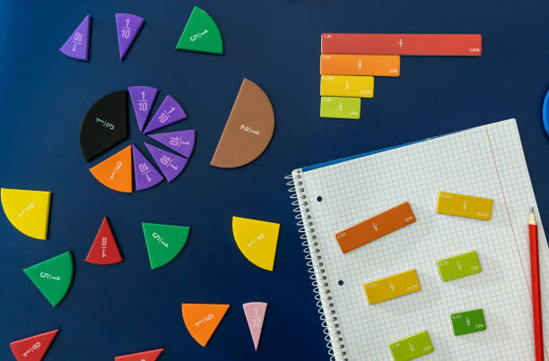 istock Colorful math feactions, numbers on blue background.  Interesting fun, creative mathematics for kids. Education,  back to school concept. Mathematical backdrop 1651414669
