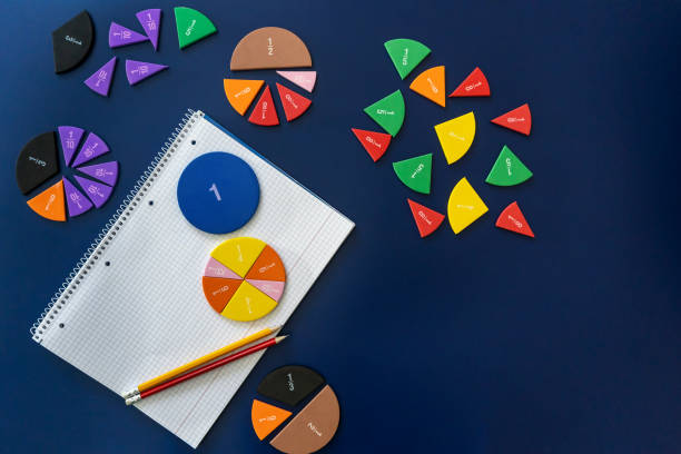 istock Colorful math feactions, numbers on blue background.  Interesting fun, creative mathematics for kids. Education,  back to school concept. Mathematical backdrop 1651415184