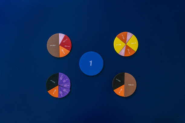 istock Colorful math feactions, numbers on blue background.  Interesting fun, creative mathematics for kids. Education,  back to school concept. Mathematical backdrop 1651416245