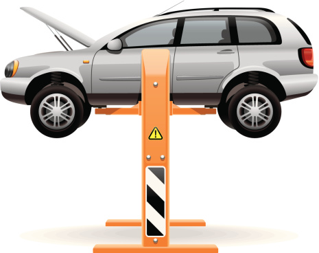 Illustration of a car lifted off the ground with a hydraulic lift for inspection and repair of the underbody, suspension, wheels and engine.