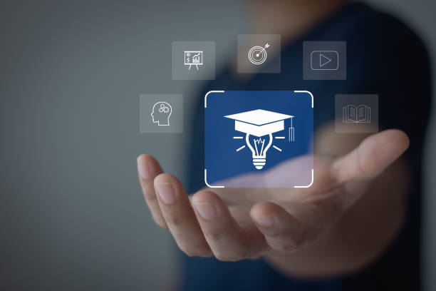 E-learning graduate certificate program concept. Internet education course degree, study knowledge, creative thinking idea, problem-solving solution. Man hands showing graduation hat in light bulb. concepto de programa de certificado de posgrado de e-learning. grado del curso de educación en internet, conocimiento de estudio, idea de pensamiento creativo, solución de resolución de problemas. manos de hombre mostrando sombrero de graduación en bom