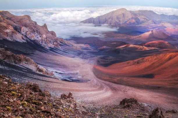 View of the Haleakala volcano crater at sunset.
