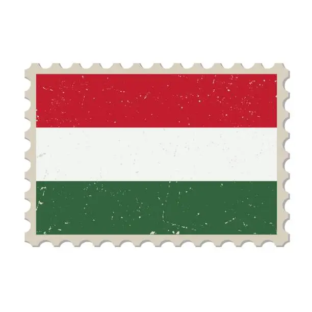 Vector illustration of Hungary grunge postage stamp. Vintage postcard vector illustration with Hungarian national flag isolated on white background. Retro style.