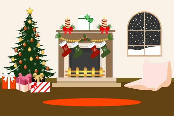 Vector illustration of Christmas tree with presents and fireplace with stockings