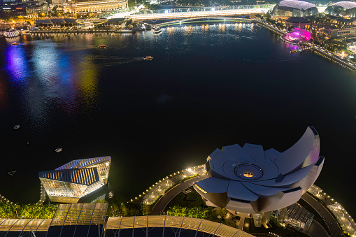 Singapore, Singapore, September 12th, 2016. Aerial view of Marina Bay Sands Mall and ArtScience Museum at night