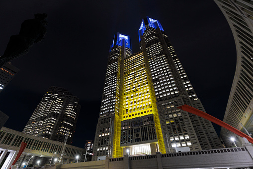 Tokyo, Japan, August 31, 2023, expresses its support for Ukraine by lighting up the Tokyo Metropolitan Government Building in yellow and blue Ukrainian colors in response to Russia's invasion of Ukraine, which began in 2022.