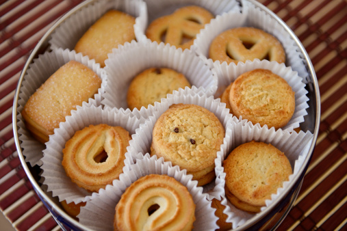 Closeup of Danish butter cookies,in the box.