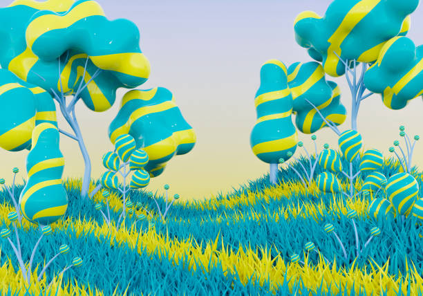 istock 3d rendering cartoon landscape background with funny tree, flower and grass 1651631772