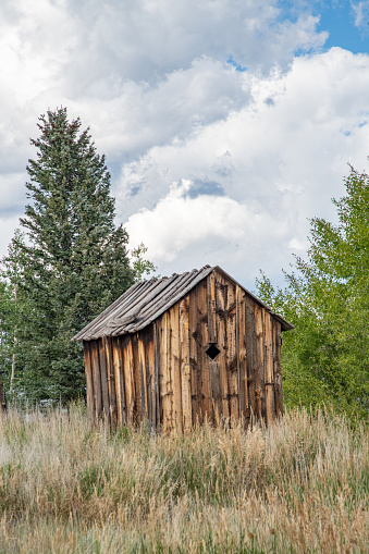 Old abandoned outhouse in tall grass in rural Colorado in western USA of North America