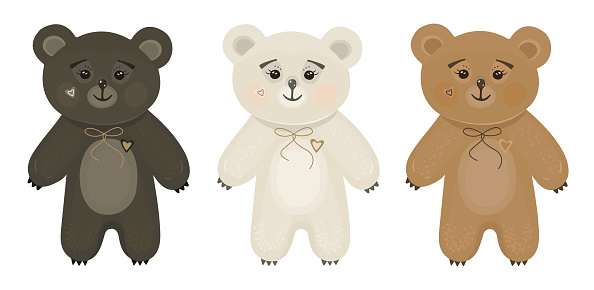 Cute kawaii three bears in different colors - brown, white and ginger red