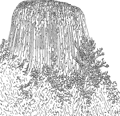 Vector line art illustration of Devils Tower National Monument in Wyoming, forest and trees in front