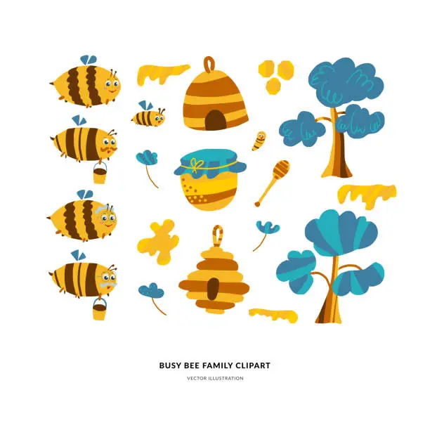 Vector illustration of Bee family handdrawn vector clipart