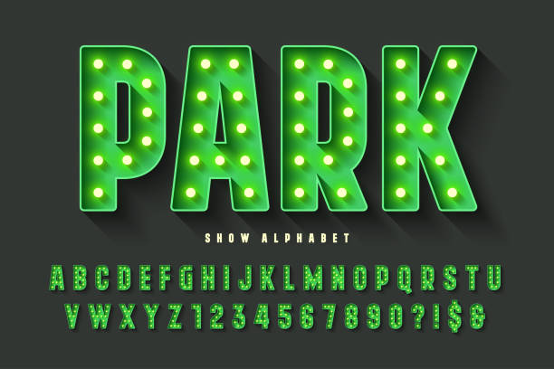 Retro cinema alphabet design, cabaret, LED lamps letters and numbers. Original design