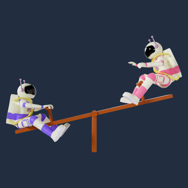 istock Happy astronaut couple playing seesaw. 3d rendering 1651683799