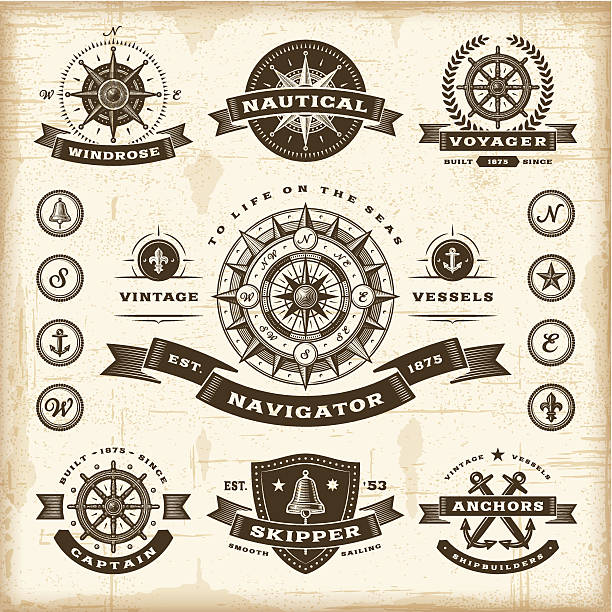 ilustrações, clipart, desenhos animados e ícones de conjunto de etiquetas vintage náutico - vector design compass direction