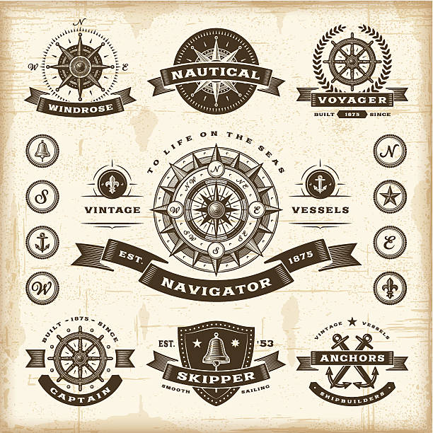 Vintage nautical labels set A set of fully editable vintage nautical labels and badges in woodcut style. EPS10 vector illustration. Includes high resolution JPG. nautical compass stock illustrations