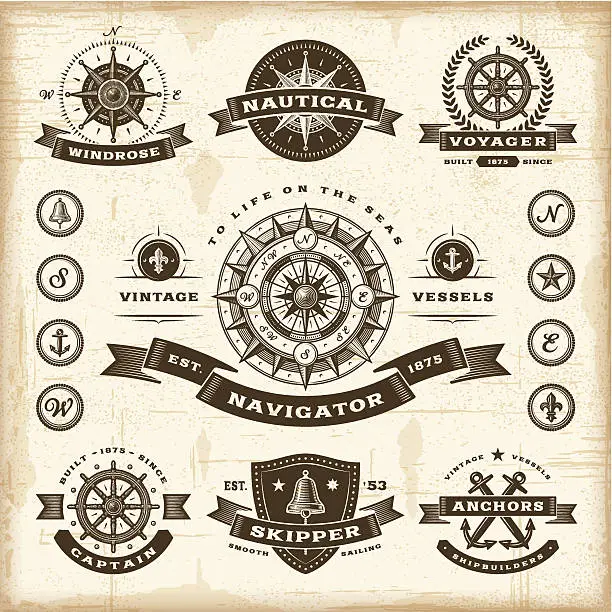 Vector illustration of Vintage nautical labels set