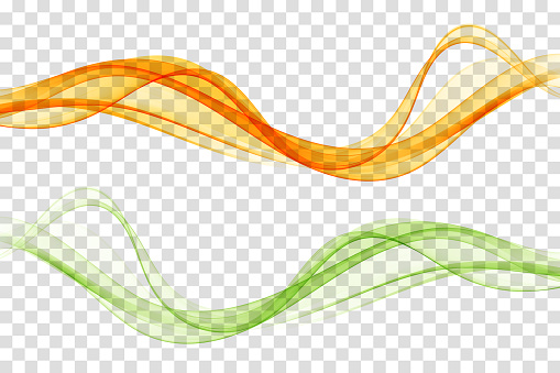 Two abstract color waves, transparent green and orange wavy wave flow design