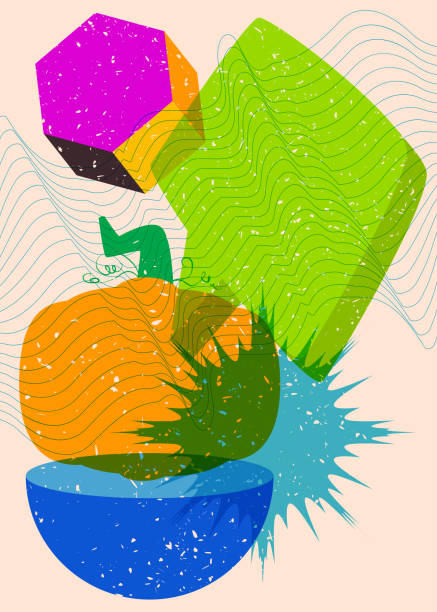 istock Pumpkin with speech bubble and colorful geometric shapes in trendy riso graph design. Geometry elements abstract risograph print texture style. 1651730631