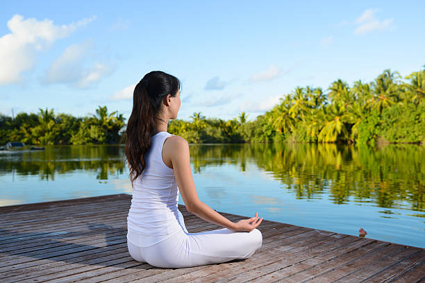 йога и поза лотоса - zen like nature breathing exercise sitting стоковые фото и изображения